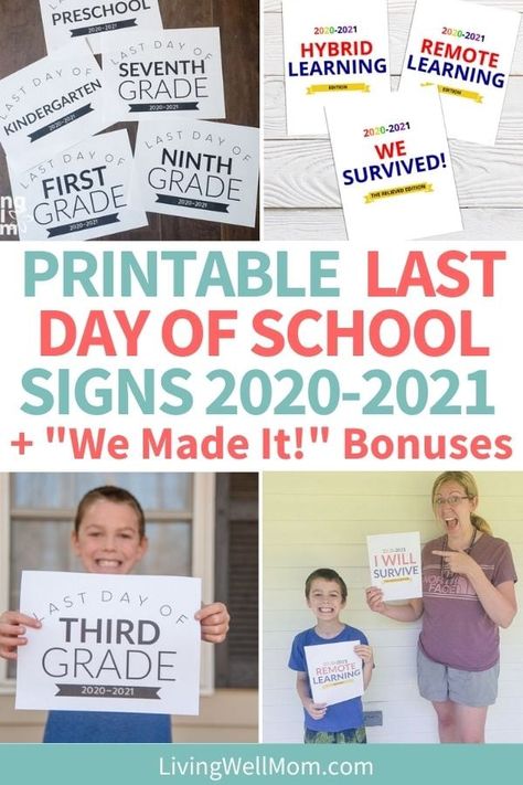 Grab your set of free printable LAST day of school signs for the 2020-2021 school year, plus bonus “We survived, remote learning, hybrid learning, homeschool” pages. Includes preschool all the way to 12th grade. First Day School Sign, First Day Of School Signs, Printable Signs Free, Hybrid Learning, Signs For Mom, Back To School Organization, Ninth Grade, First Day School, School Printables