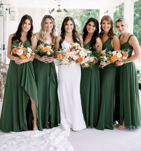 Emerald Green And Peach Wedding Theme, Hunter Green And Peach Wedding, Peach And Forest Green Wedding, Green Wedding With Pop Of Color, Green And Peach Wedding Theme, Emerald Green And Peach Wedding, Emerald And Peach Wedding, Green Bridesmaid Dresses Spring, Coral And Green Wedding