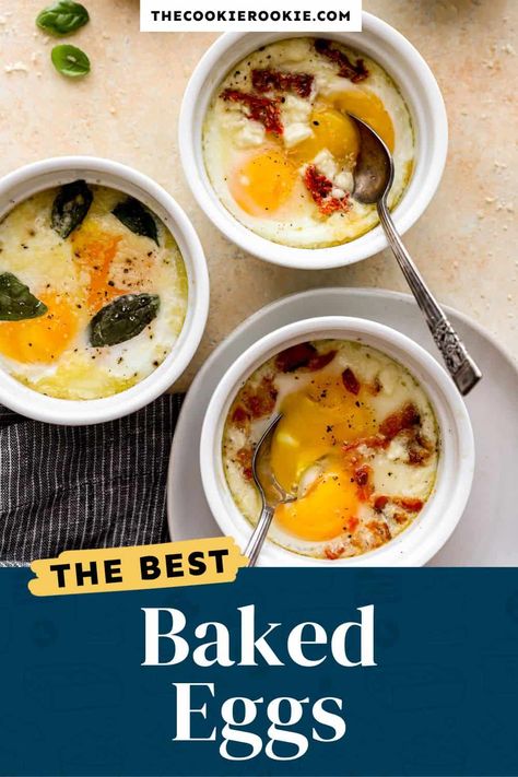 Baked Eggs are a quick and simple dish that only requires a couple of basic ingredients and 15 minutes in the oven. You can create endless variations on these easy baked egg cups by mixing in your favorite ingredients. It's the best way to cook eggs when everyone wants their own unique version for brunch or breakfast! Egg In A Hole Oven, Eggs Baked In Oven, Bake Eggs In Oven, Baked Eggs Oven, Eggs In Ramekins, Oven Eggs, Bake Eggs, Oven Baked Eggs, Eggs In Oven