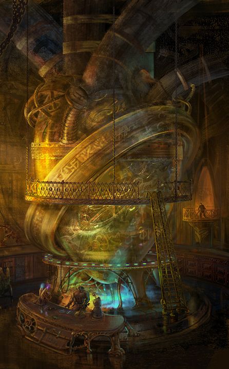 Greg Bridges (cropped for detail) fantasy art Steam Fantasy Art, Clockwork Machine Art, Fantasy Machine Art, Magic Machine Fantasy Art, Steampunk Library Concept Art, Steampunk Machines Concept Art, Clockwork Fantasy Art, Machine God Concept Art, Aetherpunk City