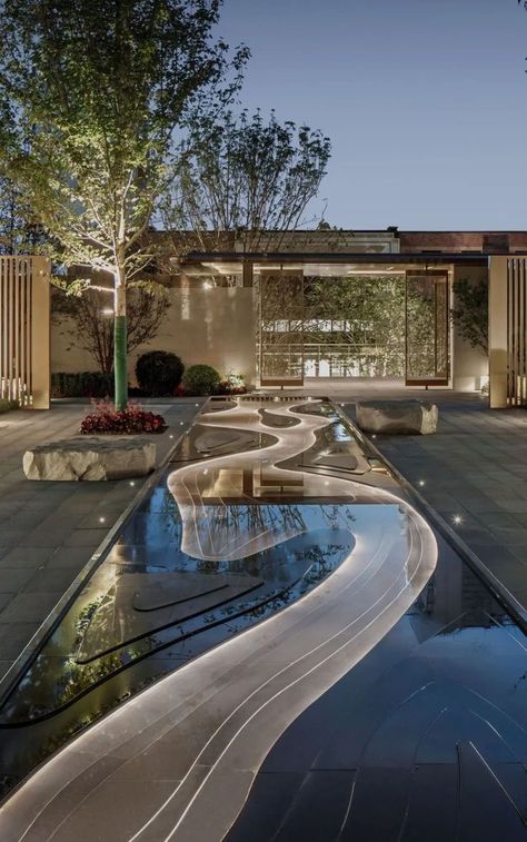 Hotel Water Feature, Water Body In House, Waterbody Landscape, Outdoor Water Features Landscaping, Water Interior Design, Interior Water Feature, Water Features Landscape, Modern Pond, Luxury Landscape Design