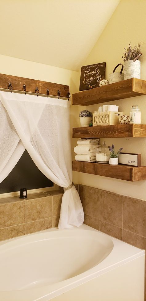 Shelf Around Bathtub, Shelves Above Tub Bathtubs, Above Bathtub Shelves, Shelves Above Tub, Bathtub Shelf Ideas, Ensuite Bathroom Ideas Master Bedrooms, Shelves In The Bathroom, Corner Jetted Tub, Bathtub Shelf