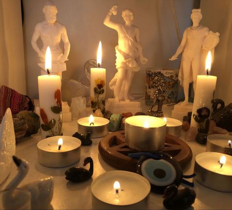 Deity Altar Setup, The God Apollo, God Altar Ideas, Greek Altar Ideas, Greek God Alters, Greek Pagan Altar, Hellenic Altar Ideas, Dionysus Altar Ideas, Pagan Altar Aesthetic