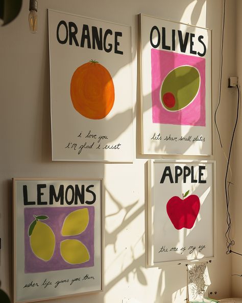 The gangs all here and they’re feeling fruity! The Fruit Collection art prints are now LIVE! 🍋🍊🫒🍎 I’m quite proud of how versatile this collection is (even if I do say so myself 💅🏻😂), as I genuinely feel like they could work well in any room in the house. And they’d also make a really cute addition to a child’s bedroom/nursery - which is definitely a new step for my artwork 🥰 Prints available is sizes A5-A2 at kirstydarkillustrate.etsy.com (or click the link in my bio) 〰️ #artprintcollec... Fruit Themed Living Room, Fruit Themed Decor, Fruit Nursery Theme, Fruit Themed Nursery, The Gangs All Here, New Step, Name Covers, Fruit Market, Bedroom Nursery