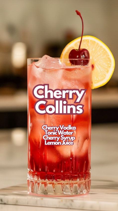 Cherry Collins Cherry Collins Drink, Cherry Mcgillicuddy Drinks, Cherry Limeade Recipe Alcohol, Cherry Juice Cocktail, Cherry Vodka Drinks, Cherry Cocktails, Cherry Limeade Recipe, Lemon Margarita, Water Cocktails