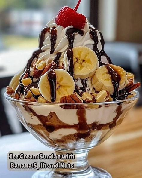 Recipes Lovers with Olivia | Ice Cream Sundae with Banana Split and Nuts 🍌🍦🥜 | Facebook Banana Split Dessert Ice Cream, Ice Cream Sundae Recipe, Sundae Recipes, Banana Split Dessert, Dessert Ice Cream, Food Fest, Chocolate Syrup, Banana Split, Ice Cream Sundae