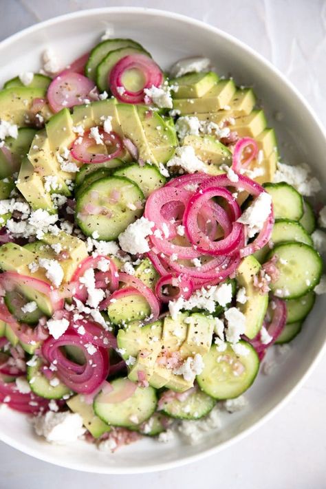 Large white salad plate filled with sliced cucumbers, avocado, and pickled onions covered in crumbled casero cheese and homemade vinaigrette. Healthy Cucumber Salad, Vinegar Salad, Easy Cucumber Salad, Quick Pickled Red Onions, Pickled Onion, Onion Salad, Cucumber Recipes Salad, Salad In A Jar, Cucumber Recipes