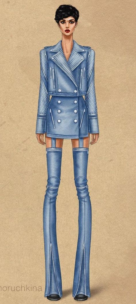 Denim Jeans Illustration, How To Draw Denim, Denim Dress Illustration, Denim Drawing Fashion Illustrations, Denim Illustration Sketch, Denim Sketch, Cloth Sketch, Recycled Denim Fashion, Denim Illustration