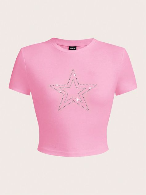 Baby Pink Casual Collar Short Sleeve Knitted Fabric Geometric  Embellished Slight Stretch  Women Clothing Pink Tees, Shein Shirts, Rhinestone Tshirts, 13 Birthday, Clothing Business, Space Shirts, Cute Comfy Outfits, Pink Tee, Pink Stars