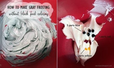 How to make grey frosting (without black food coloring) Grey Frosting How To Make, Gray Icing How To Make, How To Make Gray Frosting, How To Make Grey Icing, Buttercream Frosting Recipe For Cake Decorating, Buttercream Frosting Recipe For Cake, Tombstone Cupcakes, Easy Buttercream Frosting Recipe, Pusheen Cake