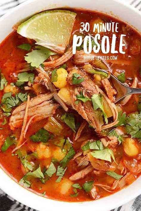 Use your leftover pulled pork and a quick homemade enchilada sauce to make this super fast and easy, intensely flavored 30 Minute Posole. Budgetbytes.com #pork #soup Posole Recipe, Leftover Pulled Pork, Pozole Recipe, Authentic Mexican Recipes, Pulled Pork Leftovers, Homemade Enchilada Sauce, Homemade Enchiladas, Mexican Soup, Diner Recept