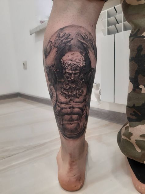 Atlas Greek God Tattoo, Calf Tattoo Men Greek Mythology, Atlas Tattoo Design Sketch, Greek Mythology Calf Tattoos, Atlas Calf Tattoo, Greek Rib Tattoo, Greek Calf Tattoo, Atlas Leg Tattoo, Atlas Back Tattoo