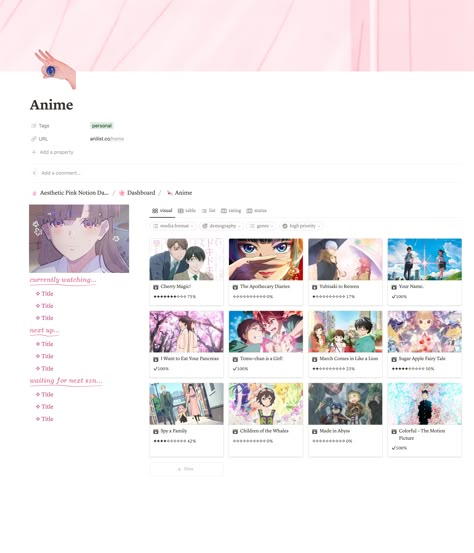 Aesthetic Pink Notion Dashboard #notion #anime #pink #cute Notion Anime List, Notion Watchlist, Notion Anime, Pink Notion, Notion Tips, Notion Inspiration, Notion Library, Notion Inspo, Tech Apps