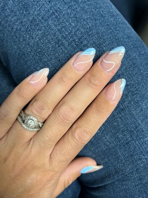 White And Light Blue Nail Designs, Blue White Almond Nails, White With Light Blue Nails, Nails To Get With A White Dress, Blue Line Acrylic Nails, Turquoise And White Nails Designs, White Turquoise Nails, Nails To Match With Blue Dress, Light Blue Accent Nails