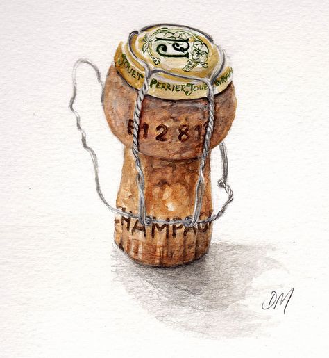 Wine Cork Painting, Wine Cork Drawing, Champagne Cork Tattoo, Cork Illustration, Cage Sketch, Champagne Tattoo, Lock Drawing, Champagne Art, Wine Tattoo