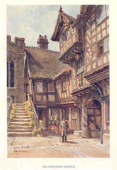 EW Haslehust: Leycester Hospital Homeland Series, Hospital Illustration, Kakariko Village, Faraway Tree, Lovely Pictures, Medieval Life, Medieval Houses, Painting Home Decor, Fantasy House