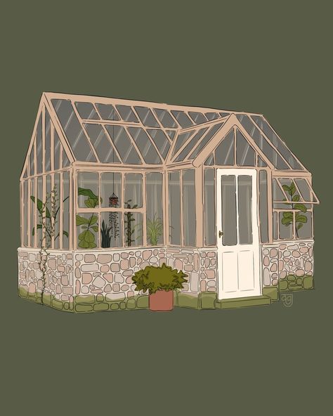 Aesthetic Sticker Drawing, Green House Illustration, Greenhouse Drawing, Greenhouse Illustration, Greenhouse House, Greenhouse Art, Green Greenhouse, Wizard Tower, Sticker Drawing