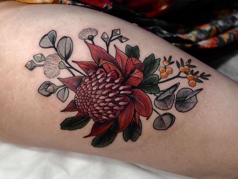 Waratah, wattle and gum for a very sweet client! Thankyou so much! 😎💃 Sophia Baughan Tattoo, Waratah Tattoo, Botanical Sleeve, Waratah Flower, Ems Tattoos, Flower Tat, Native Tattoos, Floral Tattoos, Traditional Tattoo Sleeve