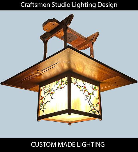 Greene and Greene Chandelier with custom stained glass design. Arts And Crafts Furniture, Craft Lights, Light Crafts, California Art, Arts And Crafts Movement, Custom Art, Handmade Art, Light Fixtures, Lanterns