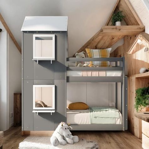 Multifunction Twin Over Twin Roof Window Bunk Bed With Guardrail And Ladder - Bed Bath & Beyond - 40547631 Ceiling Bed, Wall Section, Wood Bunk Bed, Wood Bunk Beds, Roof Window, Kids' Bed, Kids Bedroom Furniture, Pitched Roof, Play Kitchen