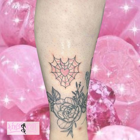 Pink Spider Web Tattoo, Pink Halloween Tattoo, Pink Spiderweb Tattoo, Cute Spiderweb Tattoo, Pink And Red Tattoo, Hermit Tattoo, Pink Spiderweb, Spiderweb Tattoo, Kawaii Spider