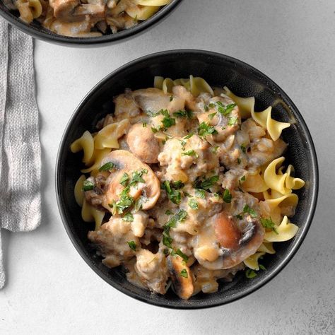 School-Night Sausage Stroganoff Sausage Stroganoff, Apple Mustard, Veggie Skillet, Cajun Sausage, Ground Beef Stroganoff, Rice Skillet, Skillet Dishes, Stroganoff Recipe, Comfort Food Recipes Dinners