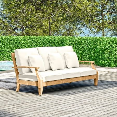 Gather with family and friends to enjoy the great outdoors with this villa-style outdoor patio couch that adds comfort and elegant ambience to your outdoor space. Crafted from natural acacia wood, this outdoor sofa displays a natural wood grain, making each piece unique. Our outdoor couch patio furniture and patio sofas boast weather-resistant finishes, making them durable and long-lasting throughout all seasons. Our patio sofa is Available in off-white and charcoal gray, the 4 thick patio couch Outdoor Patio Couch, Backyard Spa, Outdoor Sofa Cushions, Outdoor Couches, Wooden Patio Furniture, Outdoor Patio Sofa, Sofa With Cushions, Hosting Friends, Patio Daybed