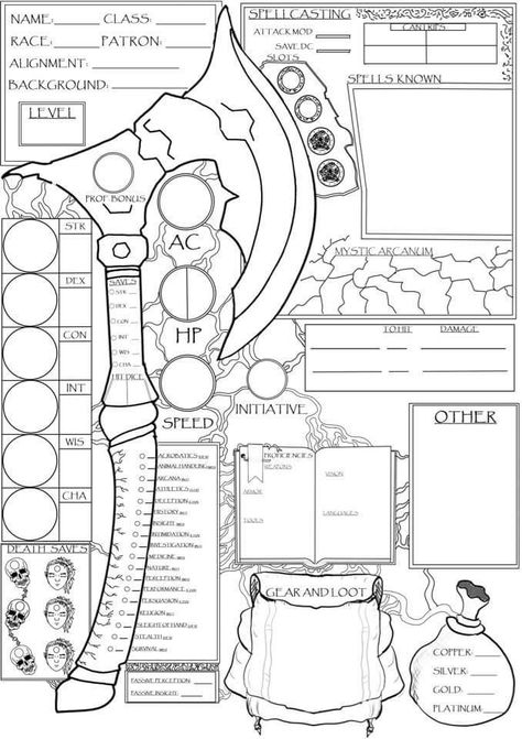 Dnd Sheets 5e, Dnd Stats Sheet, Cute Dnd Character Sheet, Hexblade Warlock Dnd, Pathfinder Character Sheet, Hexblade Warlock, 5e Character Sheet, Rpg Character Sheet, Warlock Dnd