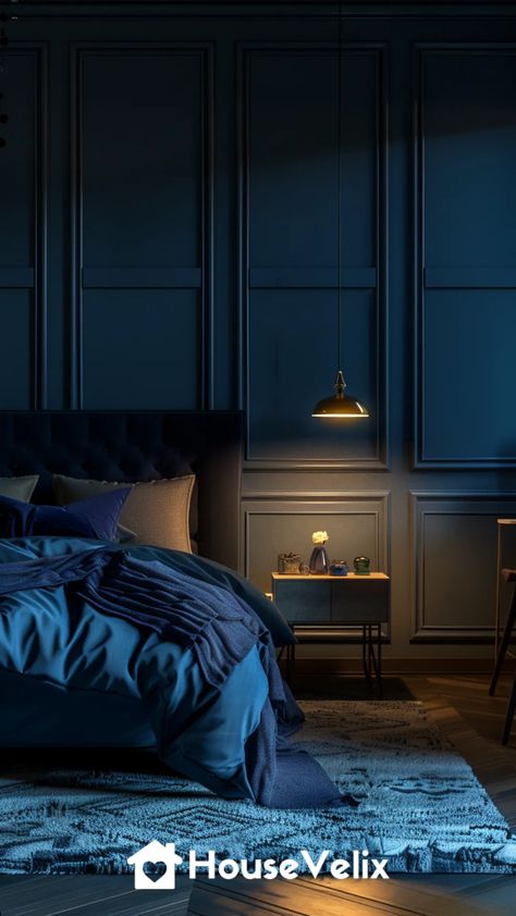 Dark Blue Romantic Bedroom, Navy Blue Interior Design, Deep Blue Bedroom, Midnight Blue Bedroom, Blue Paneling, Dark Blue Bedroom Ideas, Library Room Design, Midnight Blue Walls, Dark Blue Bedroom