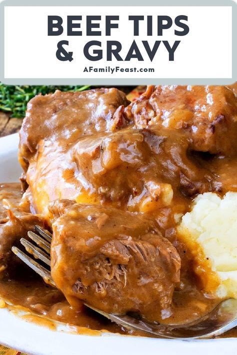 Beef Tips and Gravy - A Family Feast Gravy Master, Beef Tips And Rice, Drink Presentation, Beef Tip Recipes, Comfy Room, Mini Meatloaf, Gravy Packet, Diner Food, Over Mashed Potatoes