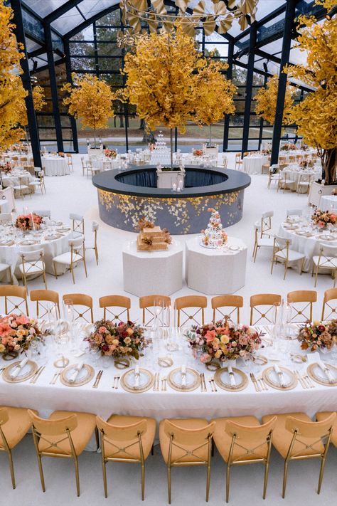 Wedding in Nashville designed by HMR Designs. Ginko Tree inspired, this reception was the epitome of Golden Hour. Tent Reception Ideas, Wedding Tent Reception, Easton Events, Contemporary Wedding Decor, Wedding Reception Layout, Reception Layout, Dream Wedding Decorations, Luxury Wedding Decor, Wedding Planning Decor