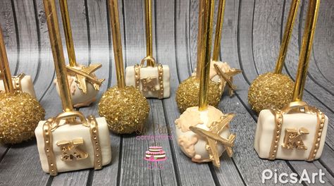 Travel Themed Dessert Table, Travel Theme Cake Pops, Travel Theme Desserts, Our Greatest Adventure Baby Shower Theme, Destination Birthday Party, Cake Travel, Suitcase Cake, Themed Cake Pops, Travel Theme Bridal Shower