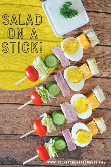 If your ideas for salad need a make-over, why not try our salad on a stick re-do? This salad on a stick is a fun way to get the kids to eat their vegetables for an after-school snack or pack this chef salad on a stick in their lunches. Eating veggies on a skewer isn't only fun, it makes them easy to dip in your favorite salad dressing. Not to mention this chef salad on a stick is a great party or brunch idea! Why not check out our recipe? pocketchangegourmet.com #saladonastick #chefsalad Vegetable Sticks Party, Orange Fruit Salad, Salad On A Stick, Eating Veggies, Salad Fingers, Vegetable Sticks, Healthy Plates, Chef Salad, Vegetable Snacks