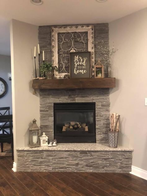 Mobile Home Fireplace Makeover, Barndominium Fireplace, Corner Fireplace Mantels, Fireplace Hearth Decor, Decorating Mantels, Above Fireplace Decor, Corner Fireplace Decor, Cabinetry Diy, Corner Fireplace Living Room