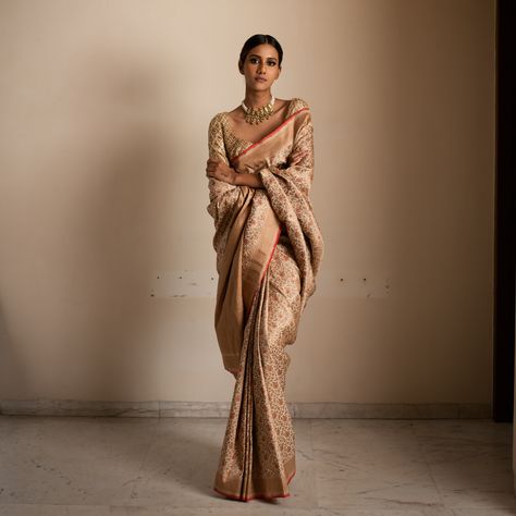 Brocade Banarasi Saree, Royal Saree Look, Banarasi Wedding Saree, Saree Portrait, Beige Silk Saree, Sari Designs, Saree Shoot, Beige Saree, Saree Pose