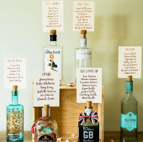 Unique Wedding table plan with Gin as the inspiration Gin Wedding, Daffodil Wedding, Wedding Jobs, Wedding Table Layouts, Wedding Candles Table, Wedding Table Seating, Wedding Table Plan, Gin Bottles, Seating Plan Wedding