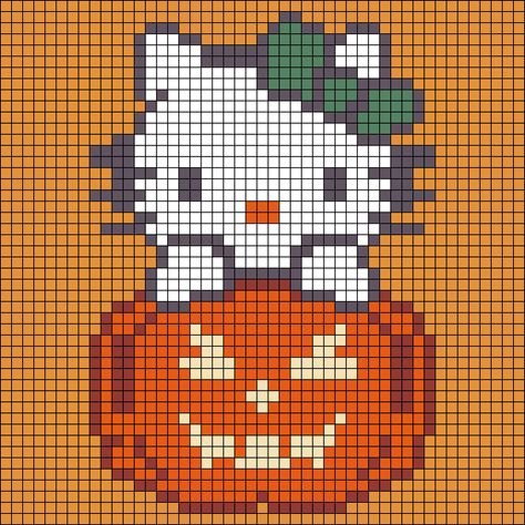 Alpha pattern #159485 | BraceletBook Fall Crochet Tapestry, Funny Alpha Pattern, Hello Kitty Grid, Halloween Alpha Pattern, Crochet Templates, Crochet Tapestries, Graphghan Patterns, Crochet Birthday, Kitty Pumpkin