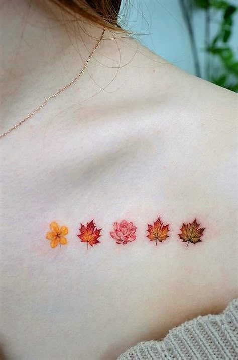 Simple Life Tattoo, Stick Season Tattoo, Colorful Minimalist Tattoo, Maple Leaf Tattoo Design, Tiny Colorful Tattoos, Small Colorful Tattoos For Women, Season Tattoo Ideas, 4 Seasons Tattoo, Tv Show Tattoos