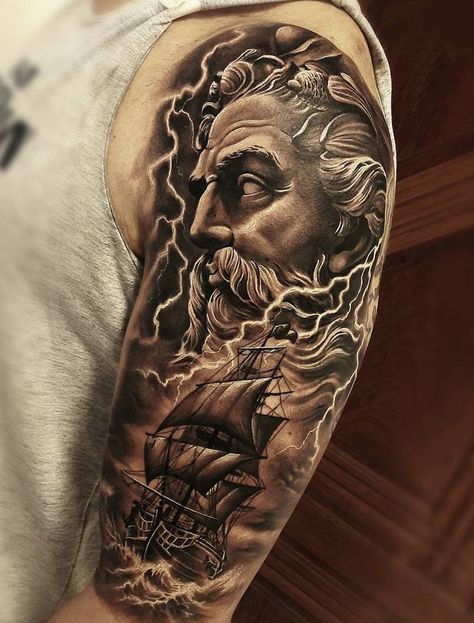 Poseidon tattoo by Samuraii Standoff Greek God Tattoo, Poseidon Tattoo, Zeus Tattoo, G Tattoo, Greek Mythology Tattoos, God Tattoos, Mythology Tattoos, Ship Tattoo, Leg Tattoo Men