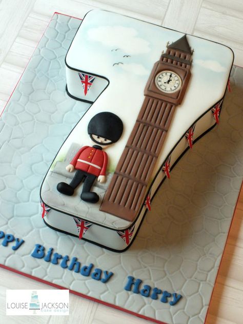 N0.7 London Theme by Louise Jackson Cake Design Jubilee Cake, British Cake, 7th Birthday Cakes, City Cake, London Theme, Travel Cake, London Cake, Childrens Birthday Cakes, Number Cakes