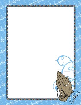 Wrinkled hands folded in prayer around a rosary adorn this printable blue border for Christian believers. Free to download and print. Prayer Border Ideas, Christmas Shopping List Printable, Baby Dedication Certificate, Free Letterhead Templates, Printable Border, Prayer Images, Bride And Groom Silhouette, Character Sheet Template, Border Templates