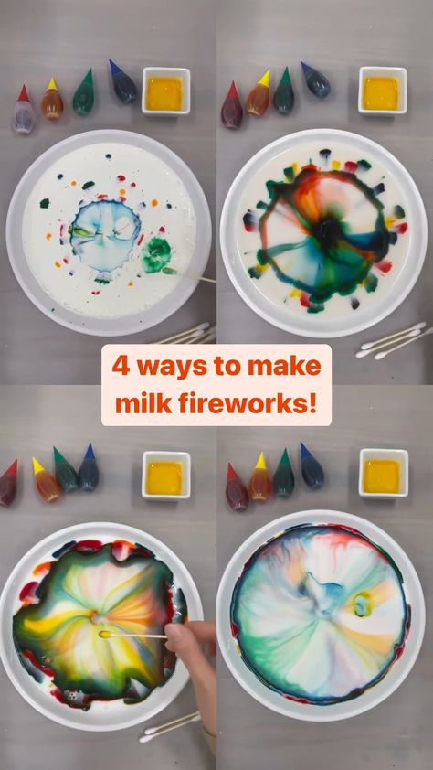 Milk Fireworks Experiment, Firework Science Experiment For Kids, Chinese New Year Science Experiments, Firework Experiment For Kids, Milk Fireworks, Fireworks For Kids, Kids Activity Ideas, Milk Science Experiment, How To Make Fireworks