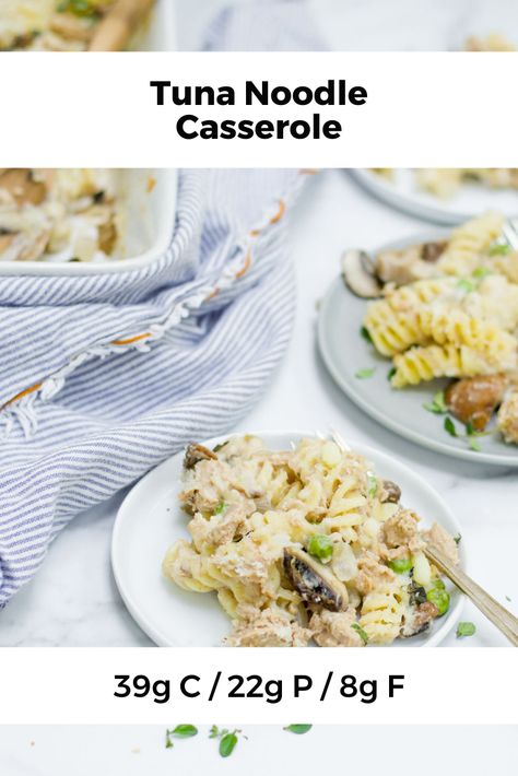 An ultimate lightened up comfort food, this tuna noodle casserole is the perfect one dish meal when you want something cozy that won’t weigh you down. It’s packed with equal parts nutrition and taste for an easy meal that is sure to bring you back to your childhood. High Protein Tuna Casserole, Low Cal Tuna Casserole, One Pan Tuna Noodle Casserole, One Pot Creamy Tuna Noodle Casserole, Macro Friendly Tuna Casserole, Macro Tracking, 1st Phorm, Macro Meal Plan, Campbell’s Tuna Noodle Casserole