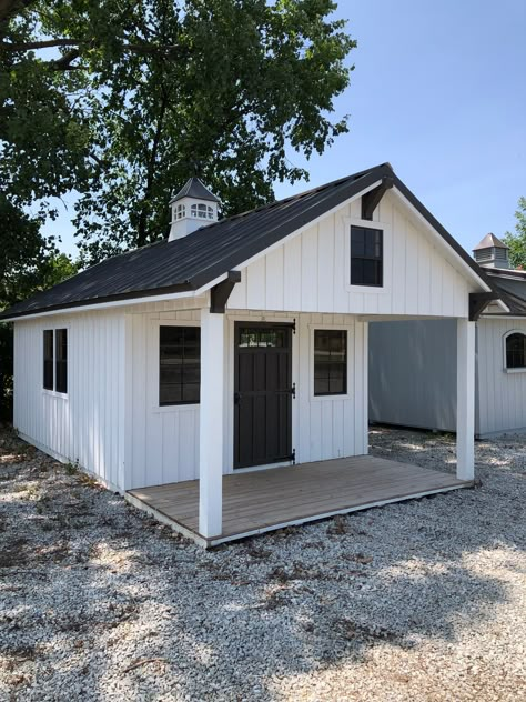 3 Sided Shed, Large Storage Shed, Storage Shed With Covered Patio, Custom Sheds Ideas, Guest Shed Ideas, She Shed Bakery, 2 Sheds Connected, White Shed Black Trim, Large Sheds Ideas Backyard