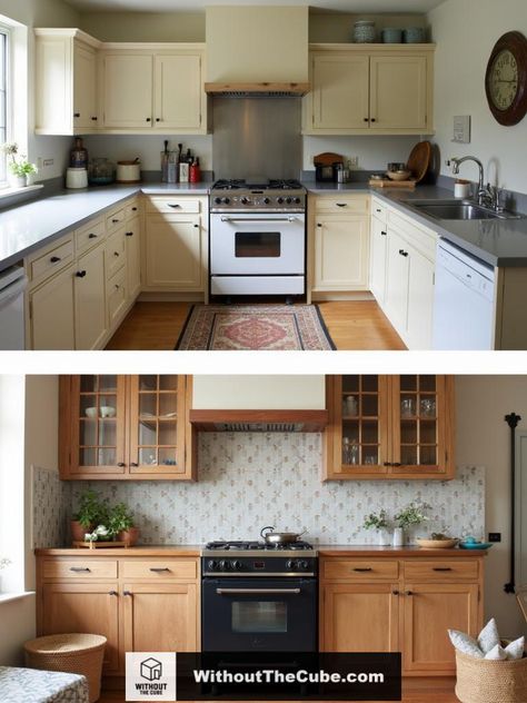 The transformation of a dull kitchen into a vintage gem showcases the power of thoughtful remodeling. By replacing outdated oak cabinetry with clean white designs, introducing brass fixtures, and enhancing lighting, the kitchen evolved into a warm, inviting space. Discover the details of this successful remodeling project and its stunning outcomes. #HomeDecor #KitchenDesign #VintageKitchens #RetroStyle #CozyVibes #HomeInspiration 1920s Kitchen Vintage, 1920s Kitchen, 1970s Kitchen Remodel, Outdated Kitchen, Kitchen Cabinet Inspiration, Cabinet Inspiration, Concrete Home Decor, 1970s Kitchen, Repurposed Decor