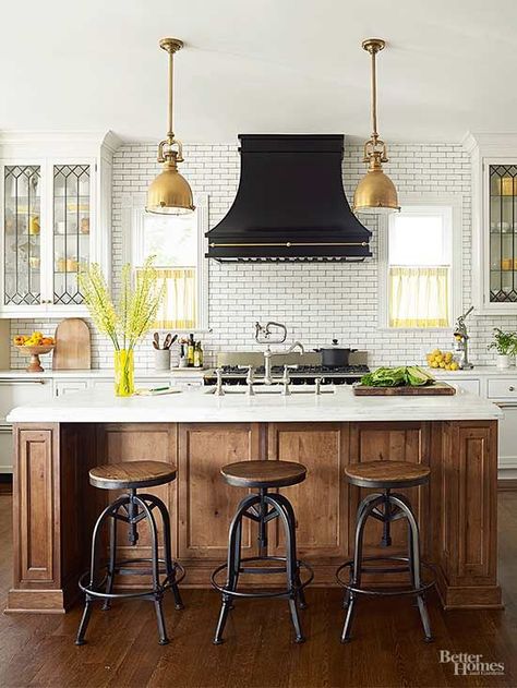 Victorian Makeover for Modern Family Life Victorian Kitchen Lighting, Black Range Hood White Kitchen, Victorian Kitchen Island, Modern Victorian Lighting, White Kitchen With Wood Island, Modern Victorian Kitchen, Victorian Style Kitchen, Victorian Light Fixtures, Kitchen Island Dimensions