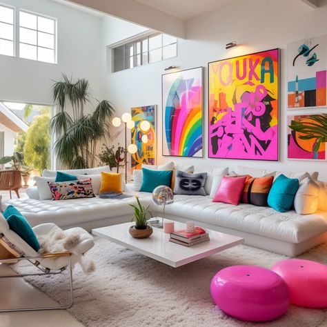 Primary Color Living Room Ideas, Modern Living Room With Color Pop, Cute Colorful Living Room Ideas, Boho Pop Art Interior Design, White With Colorful Accents, Pop Color Living Room, Simple Bright Living Room, Two Colored Walls Living Room, Living Space Interior Design