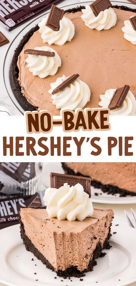 Hershey Pie Hersheys Cream Pie, Hersheys Chocolate Pie Recipe, No Bake Hershey Pie, Hershey Bar Pie Recipe, Hersheys Cocoa Recipes, Reese’s Pie, Hersheys Chocolate Pie, Hersheys Pie, Hershey Pie Recipe