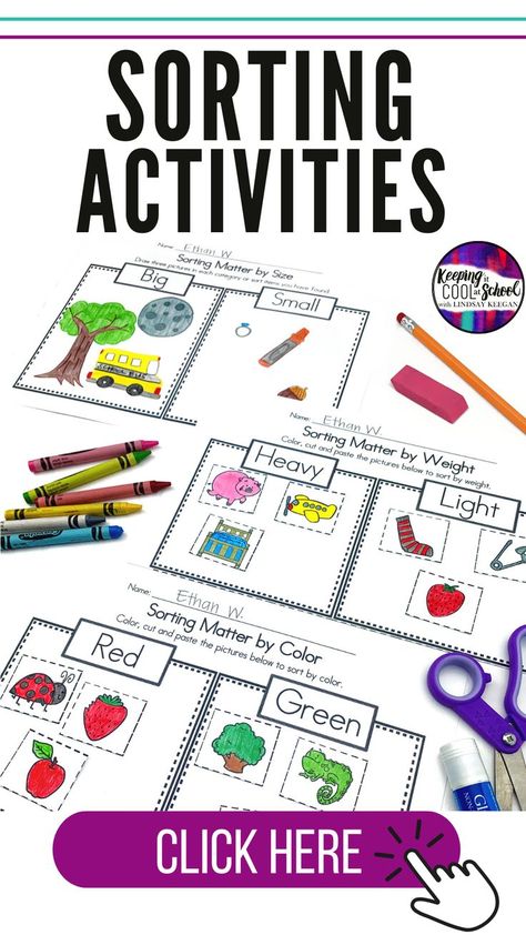 Kids love learning how to sort with these fun sorting activities. They are perfect for preschool, kindergarten or even first grade. Students learn to sort by attributes such as color, size, shape, weight, texture and more! Check out these printables today! Sorting Activities For Kindergarten, Kindergarten Sorting Activities, Sorting Kindergarten, Math Sort, First Grade Worksheets, Free Kindergarten Worksheets, Math Activities For Kids, Kindergarten Games, Fun Math Activities