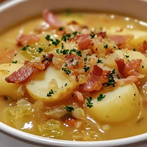 Irish Bacon Cabbage and Potato Soup - receipster Irish Bacon Cabbage & Potato Soup, Irish Bacon Cabbage And Potato Soup, Cabbage And Potato Soup, Irish Soup, Chicken And Spinach Casserole, Bacon Cabbage, Cabbage Potato Soup, Irish Potato Soup, Irish Bacon